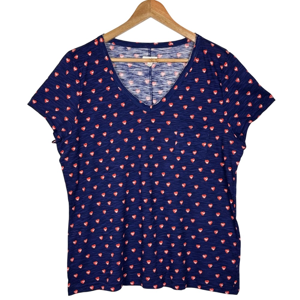Maison Jules Heart Print V-Neck Pocket T-Shirt Women XXL‎ Blue Casual Whimsical